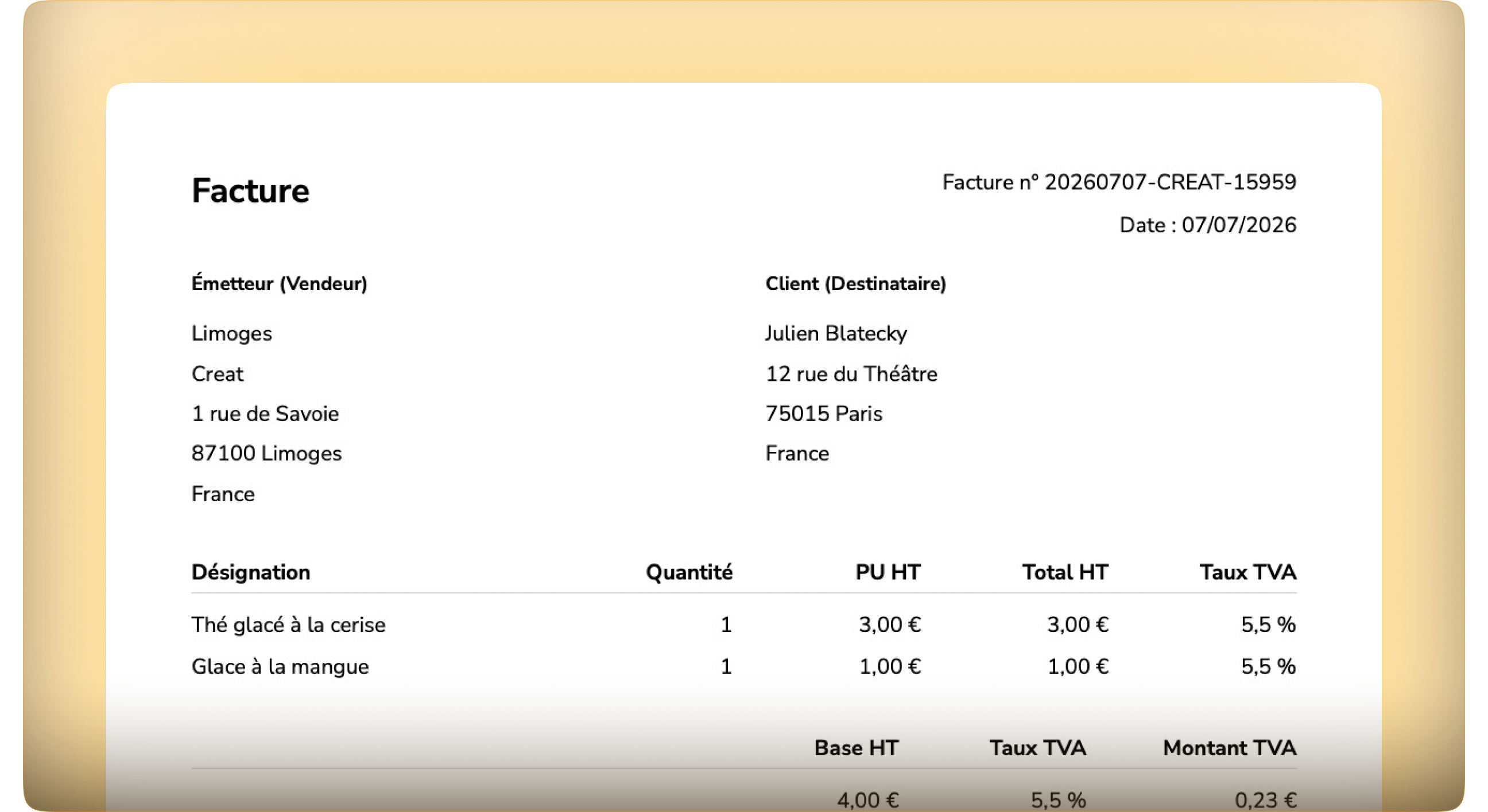 Facture PDF générée par le logiciel de gestion