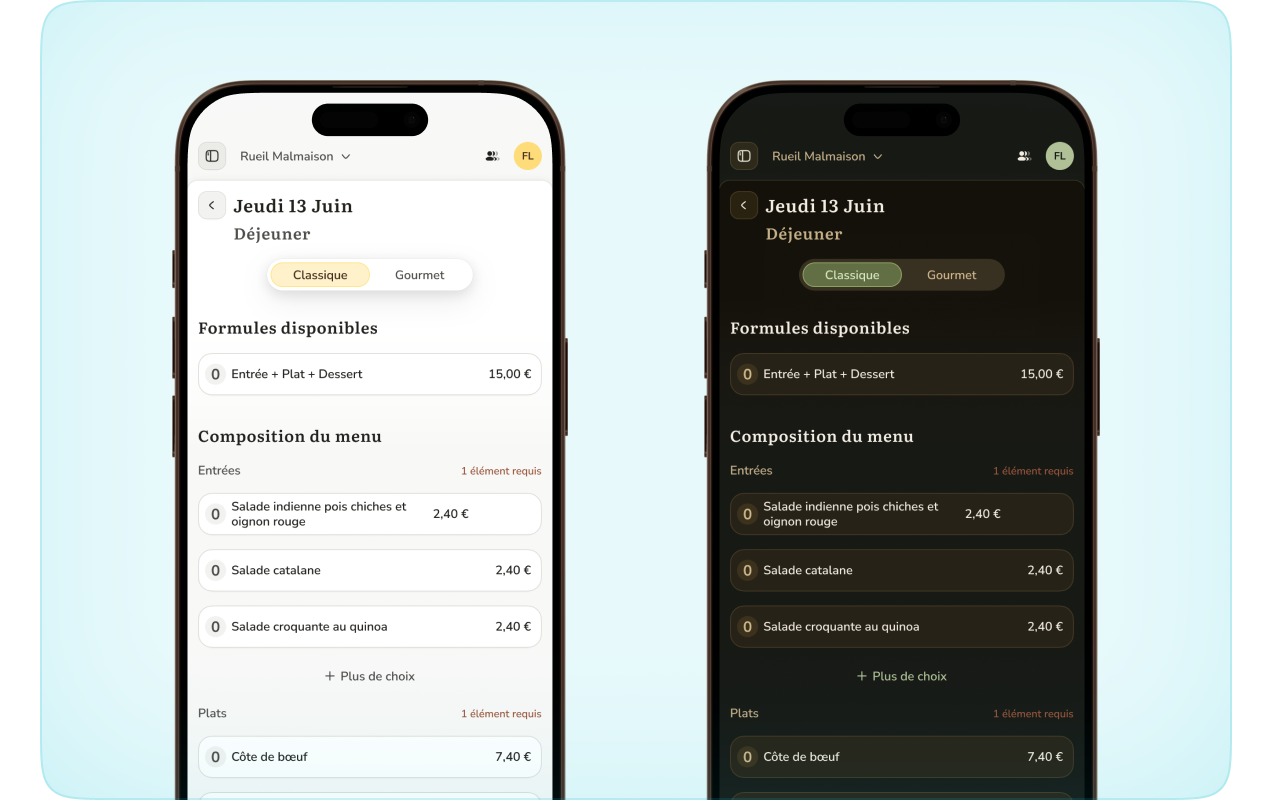 L’application de réservation en thème clair et en thème sombre